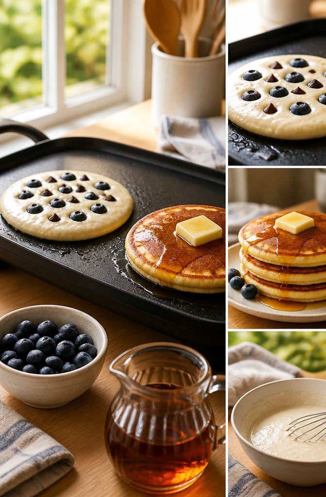 Easy Pancake Recipe with Self-Rising Flour for Fluffy Stacks 9 Pancakes with chocolate chips and berries beside butter and maple syrup
