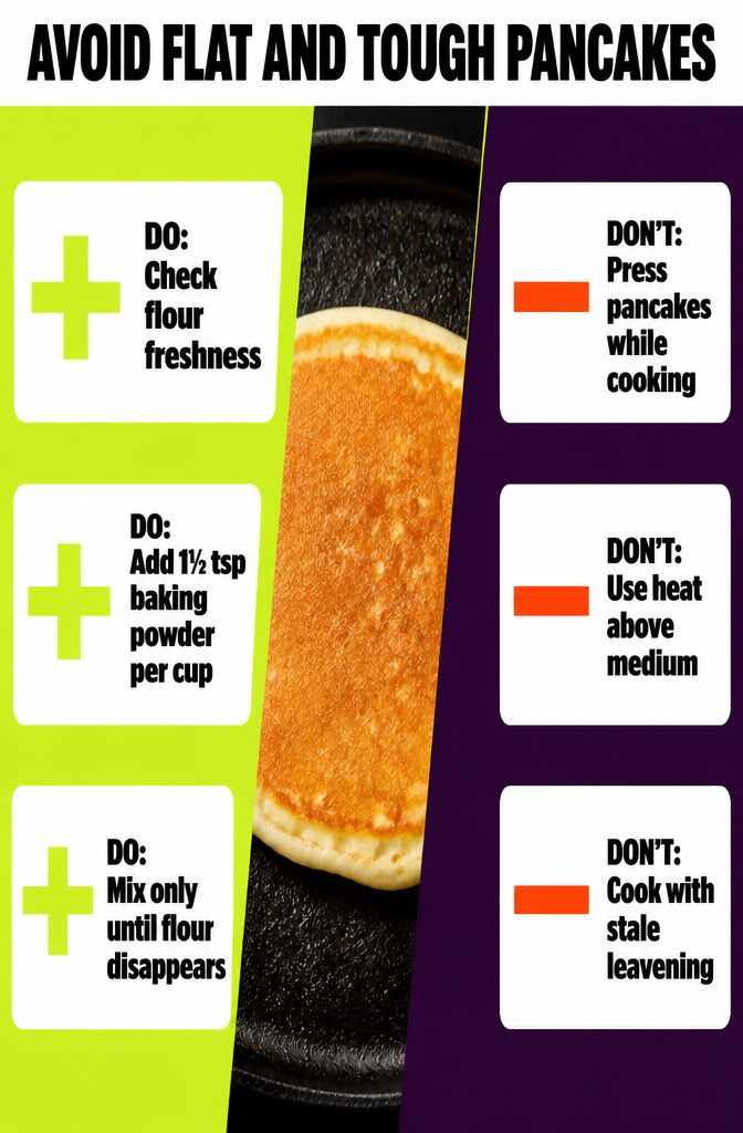 Easy Pancake Recipe with Self-Rising Flour for Fluffy Stacks 11 Flat and fluffy pancakes beside mixing and cooking reminders