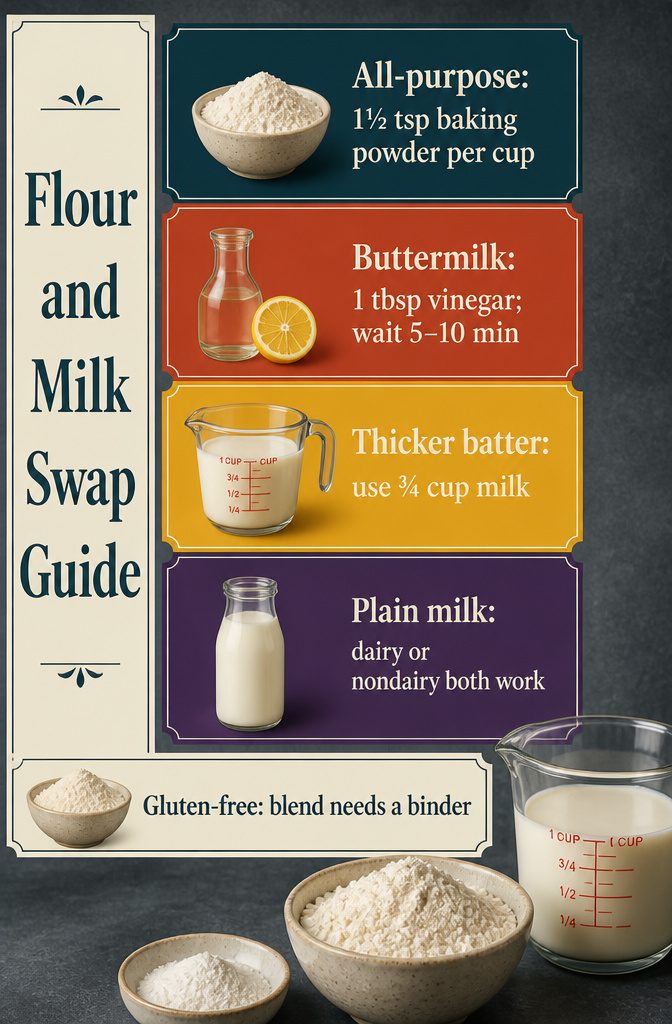 Easy Pancake Recipe with Self-Rising Flour for Fluffy Stacks 8 Flour and milk substitution guide with ingredient amounts and notes