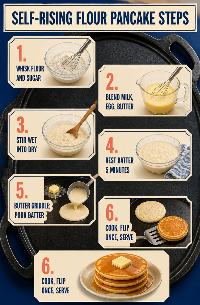 Easy Pancake Recipe with Self-Rising Flour for Fluffy Stacks 3 Pancake recipe steps with mixing and griddle cooking illustrations