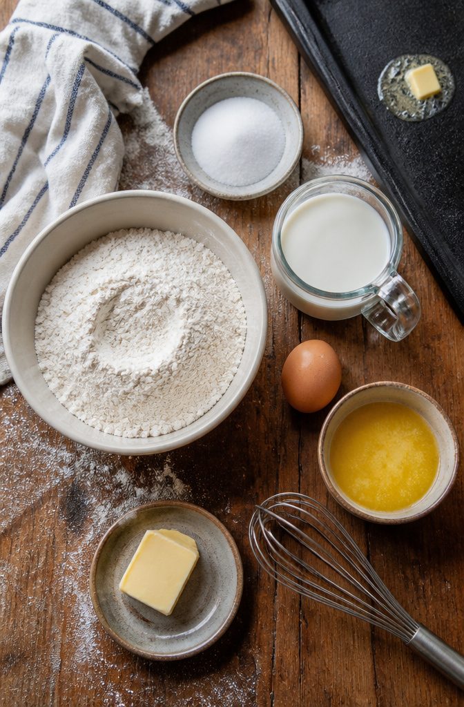 Easy Pancake Recipe with Self-Rising Flour for Fluffy Stacks 2 Self-rising flour beside sugar milk egg and melted butter