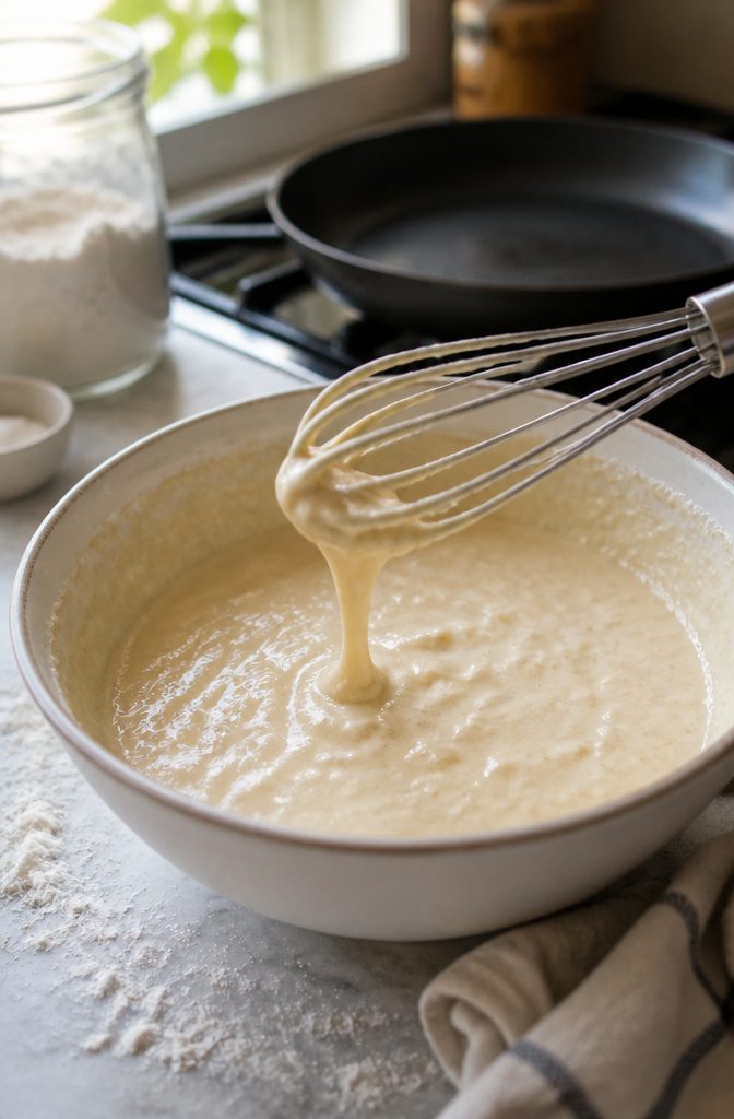 Easy Pancake Recipe with Self-Rising Flour for Fluffy Stacks 5 Pancake batter with small lumps in a mixing bowl