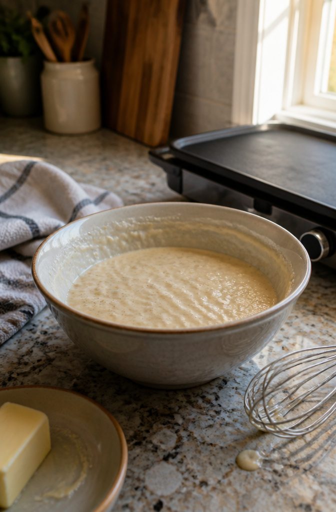 Easy Pancake Recipe with Self-Rising Flour for Fluffy Stacks 6 Bowl of bubbled pancake batter with a whisk beside a heating griddle