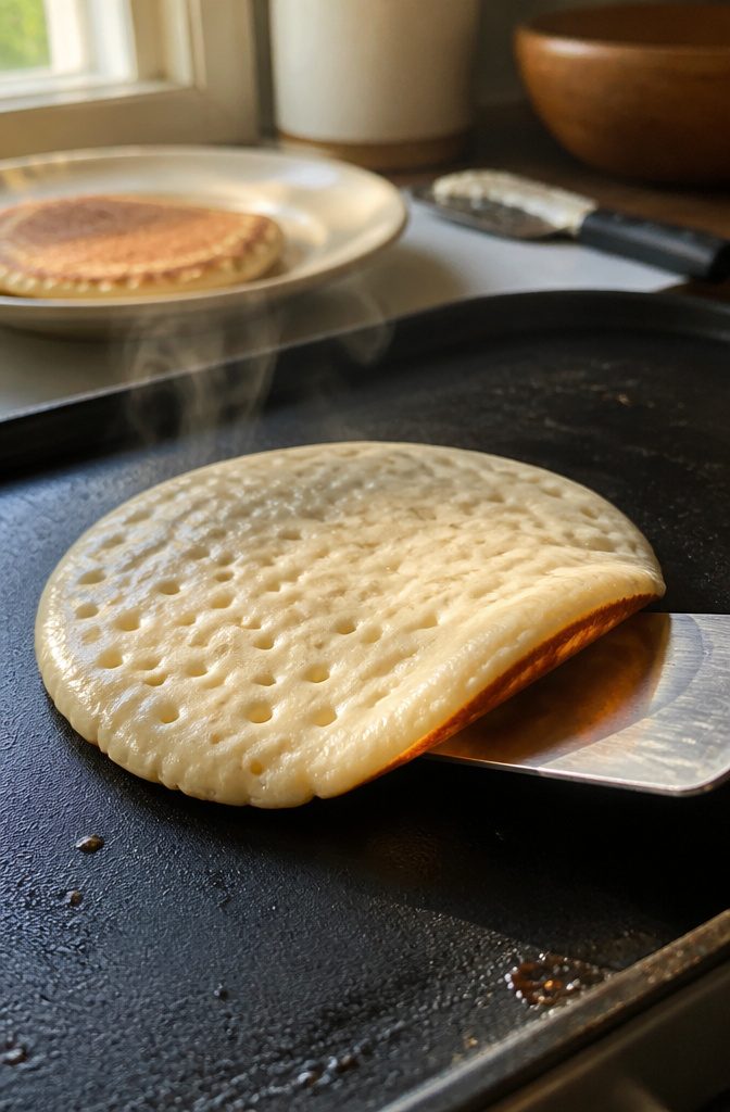 Easy Pancake Recipe with Self-Rising Flour for Fluffy Stacks 7 Pancake with risen bubbles and set edges beside a poised spatula