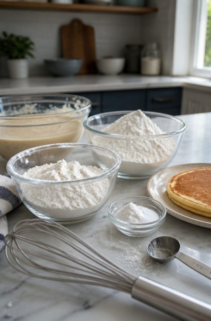 Easy Pancake Recipe with Self-Rising Flour for Fluffy Stacks 4 Bowls of self-rising flour and plain flour beside baking powder and salt