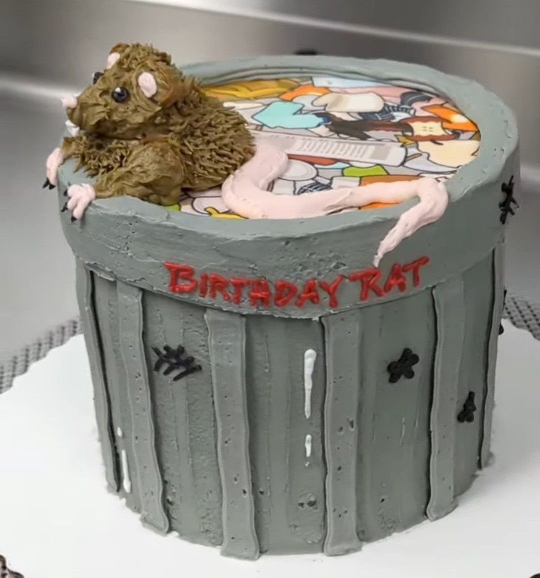Rat Birthday Cake: 12 Ideas for Pet Rats, Pirates and Chefs 7 Garbage can cake with a brown rat sitting on top of colorful trash