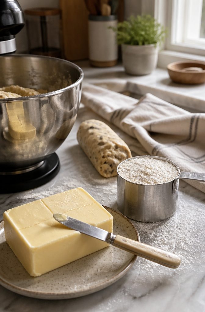 Butter with a shallow knife mark beside a level measuring cup of flour