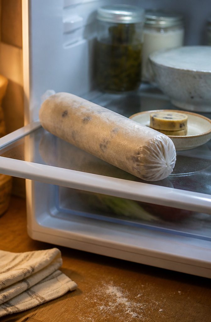 Wrapped cookie dough log beside sliced rounds ready for baking