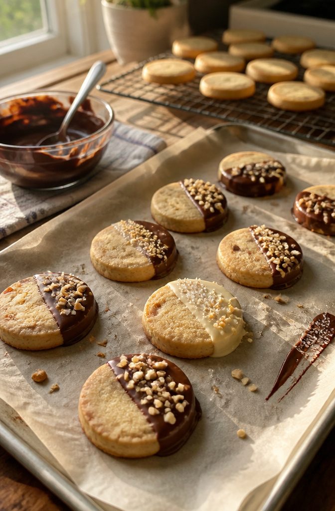 Cookies partly dipped in dark and white chocolate with nuts and sparkling sugar