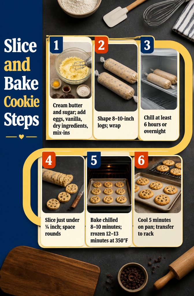 Recipe graphic with six steps for mixing chilling slicing and baking cookies