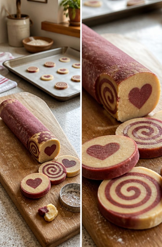 Pinwheel cookies and heart-shaped dough centers arranged beside rolled cookie logs