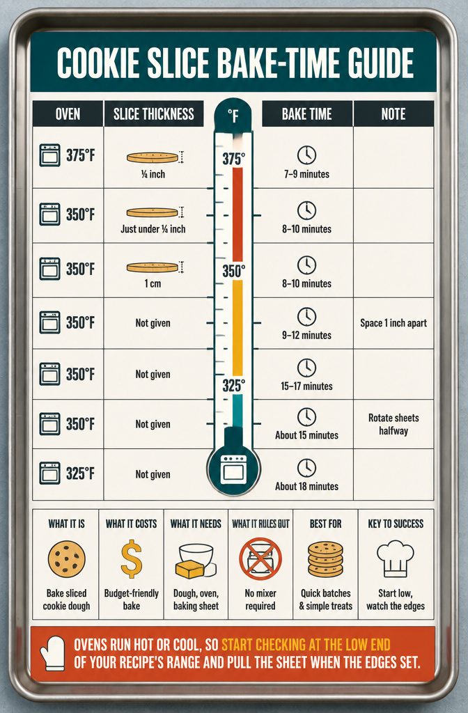 Cookie bake-time guide comparing oven temperatures slice thicknesses and baking times