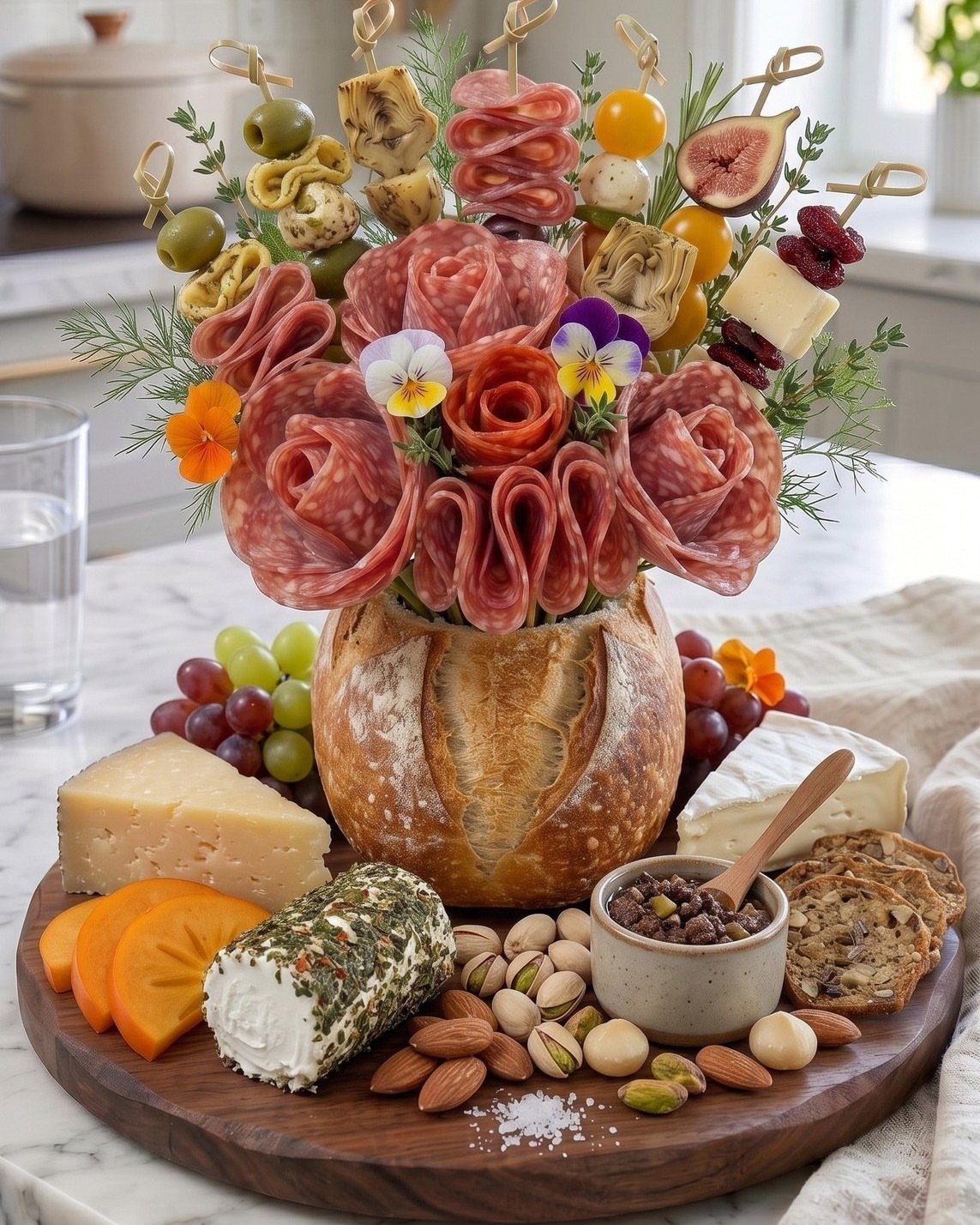Charcuterie board with salami roses in a bread loaf, cheeses, nuts, and fruit.