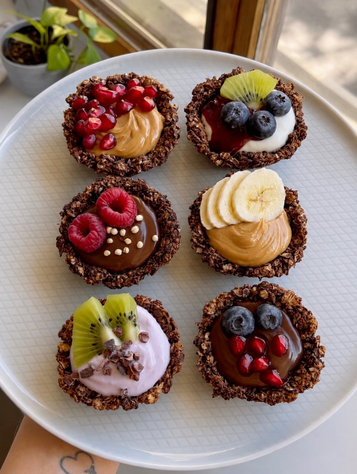 Six granola tart shells filled with fruit, chocolate, and peanut butter on a plate.