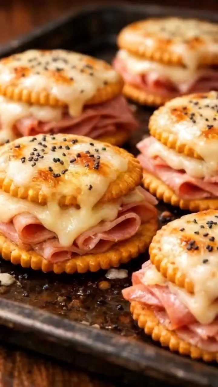 Ham and melted cheese sliders made with round crackers on a baking sheet.