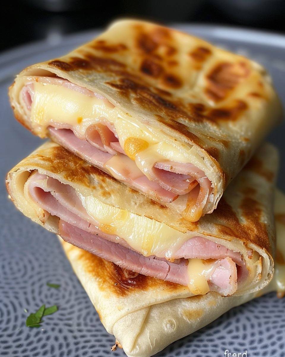 Toasted tortilla wraps filled with melted cheese and sliced ham on a plate.
