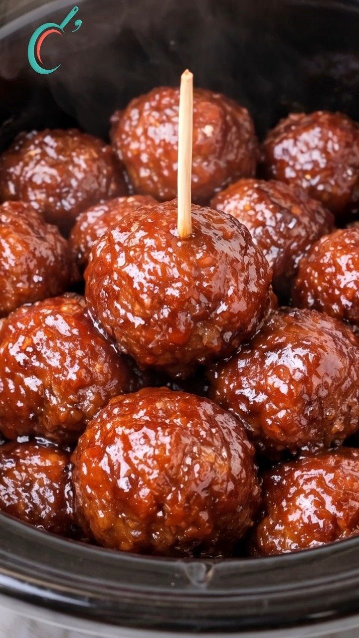Glazed meatballs in a slow cooker with a wooden toothpick in one.