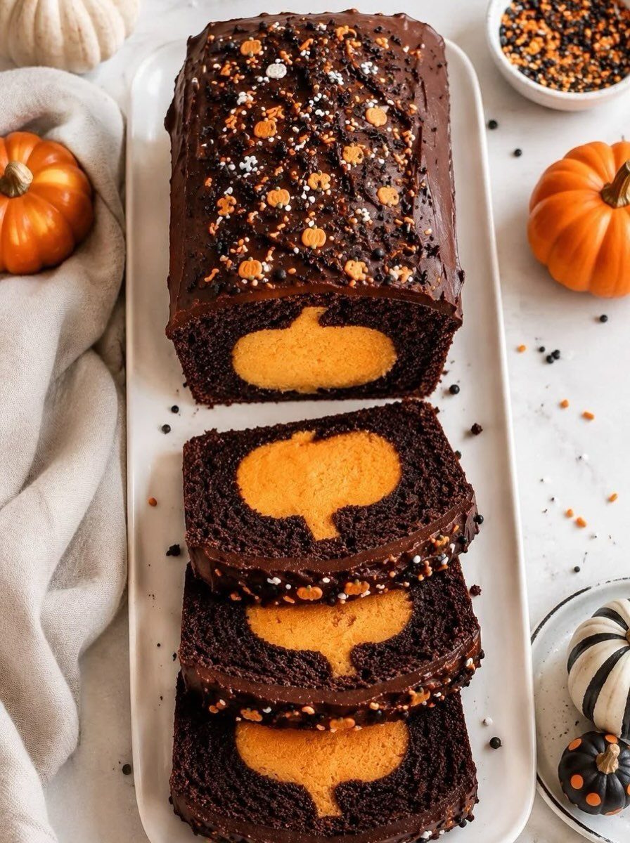 Chocolate loaf cake sliced to reveal a hidden orange pumpkin shape inside.