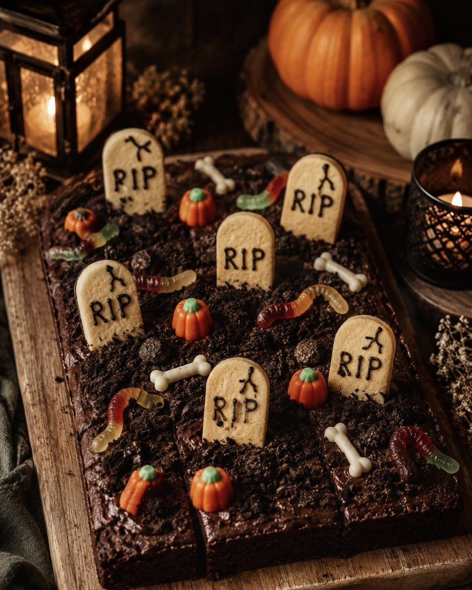 Graveyard brownie cake with RIP cookie tombstones, gummy worms, and mini pumpkins.