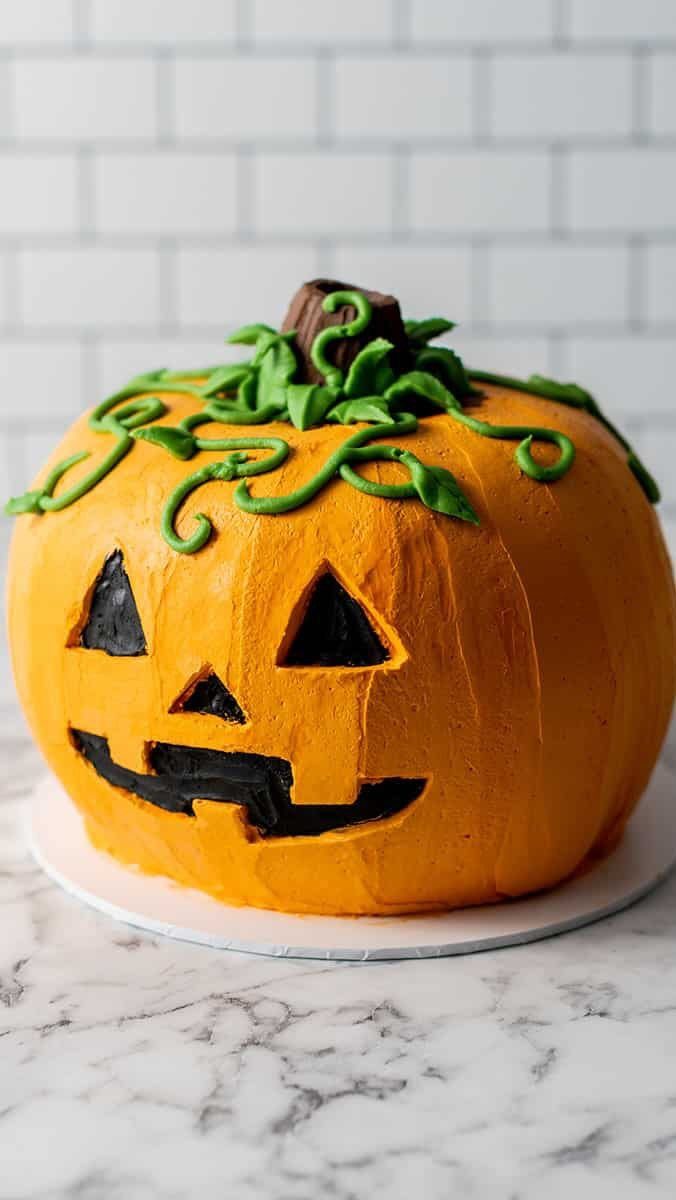 Jack-o'-lantern cake with orange frosting, green vines, and a carved face.