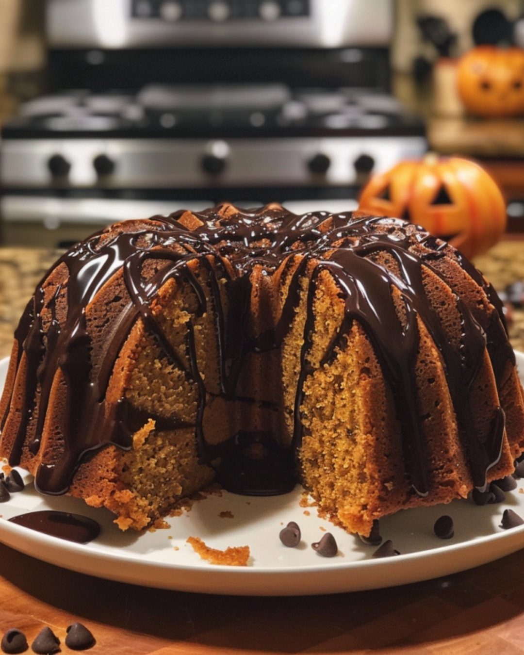 Pumpkin bundt cake with chocolate drizzle and chocolate chips on a white plate.