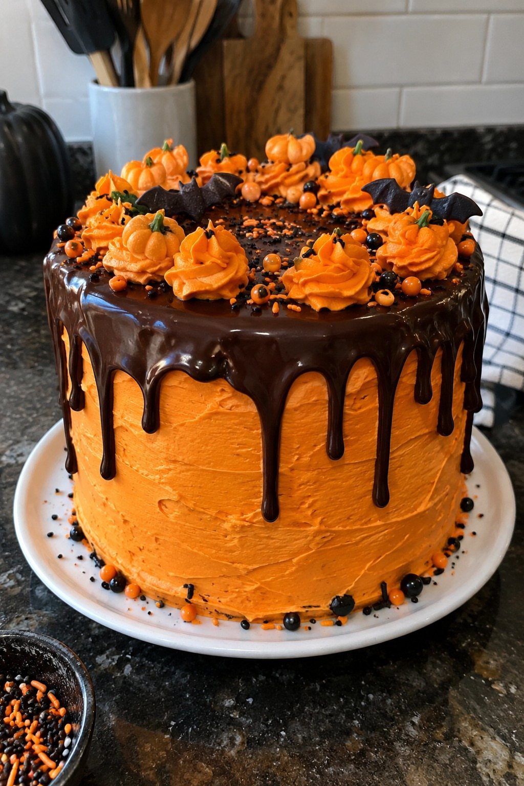 Orange pumpkin cake with chocolate drip, frosting pumpkins, and black bat decorations.