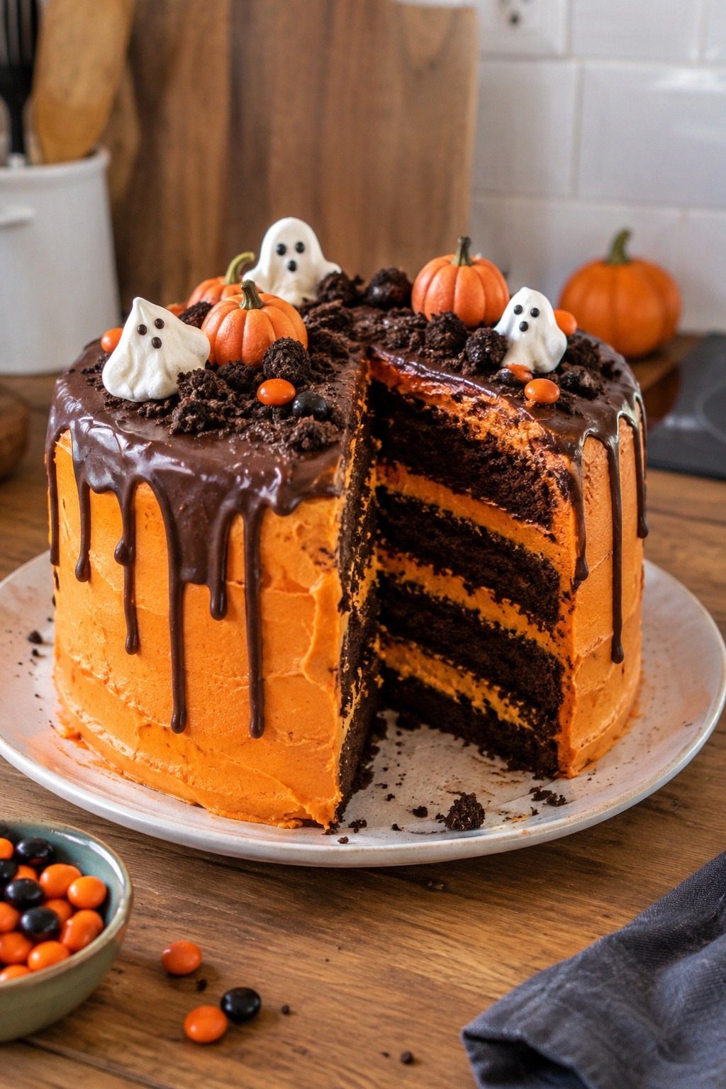 Layered chocolate and orange cake decorated with mini pumpkins and ghost marshmallows.