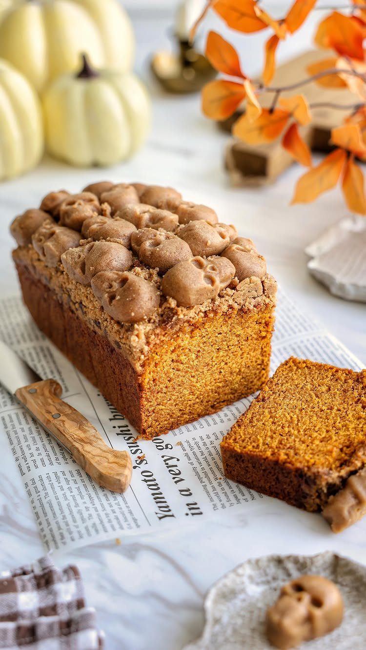 Pumpkin loaf cake topped with small brown skulls, served on newspaper with autumn decor.
