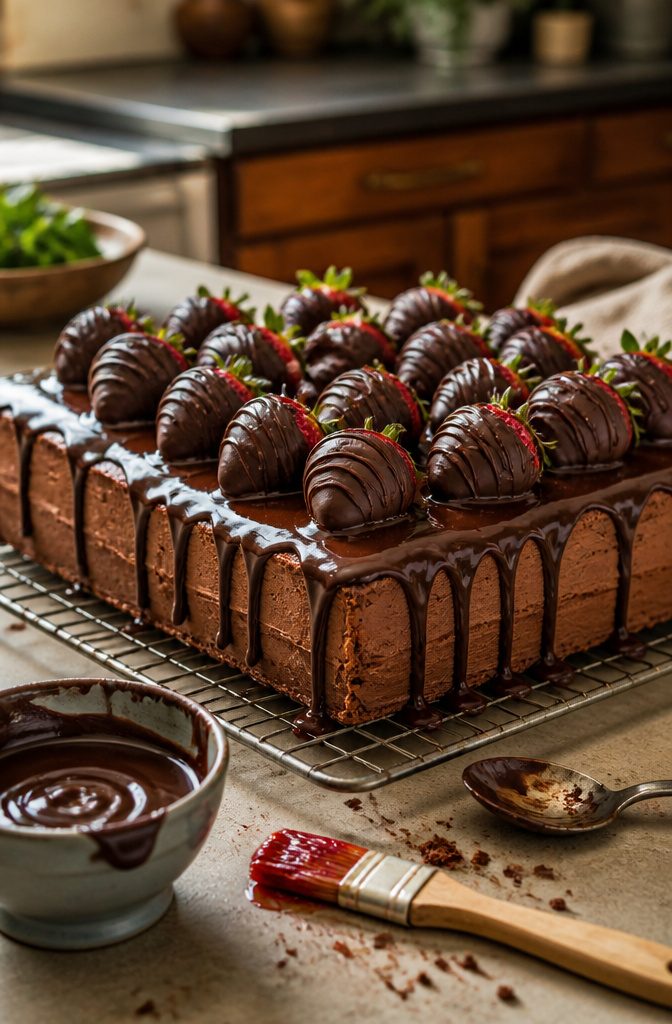 Sheet cake with semisweet ganache drizzled over the top and chocolate-coated strawberries