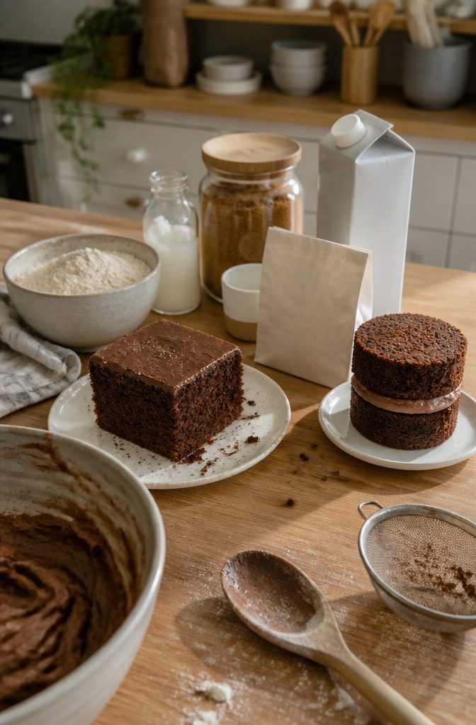 Gluten-free chocolate cake slice beside stacked vegan cake rounds with frosting between layers