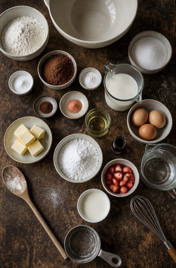 Cake ingredients with cocoa, espresso powder, milk, eggs and strawberry frosting ingredients