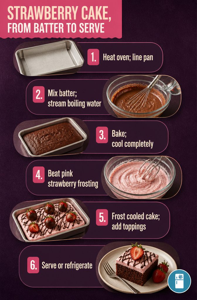 Strawberry cake recipe graphic with steps from mixing batter to serving