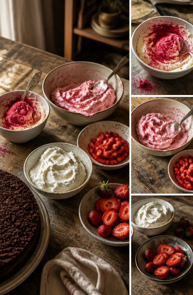 Strawberry cake with chocolate frosting and fresh strawberries on top