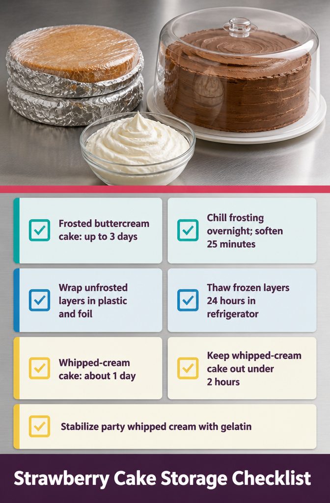 Cake storage checklist graphic with notes on frosting, freezing and whipped cream