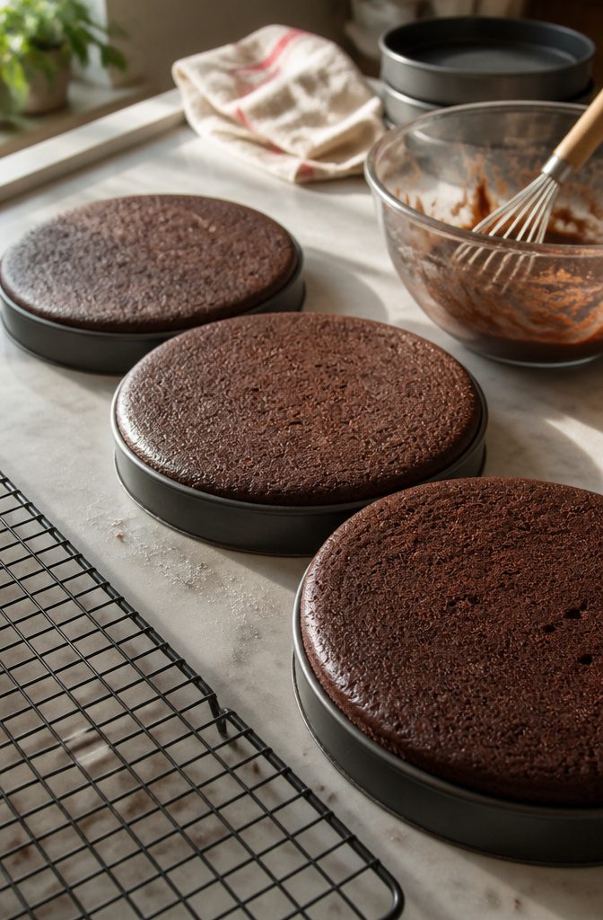 Deep brown chocolate cake layers cooling in pans beside a bowl with batter