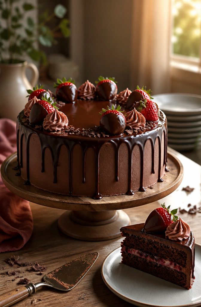 Chocolate cake topped with ganache drips piped frosting and chocolate-dipped strawberries