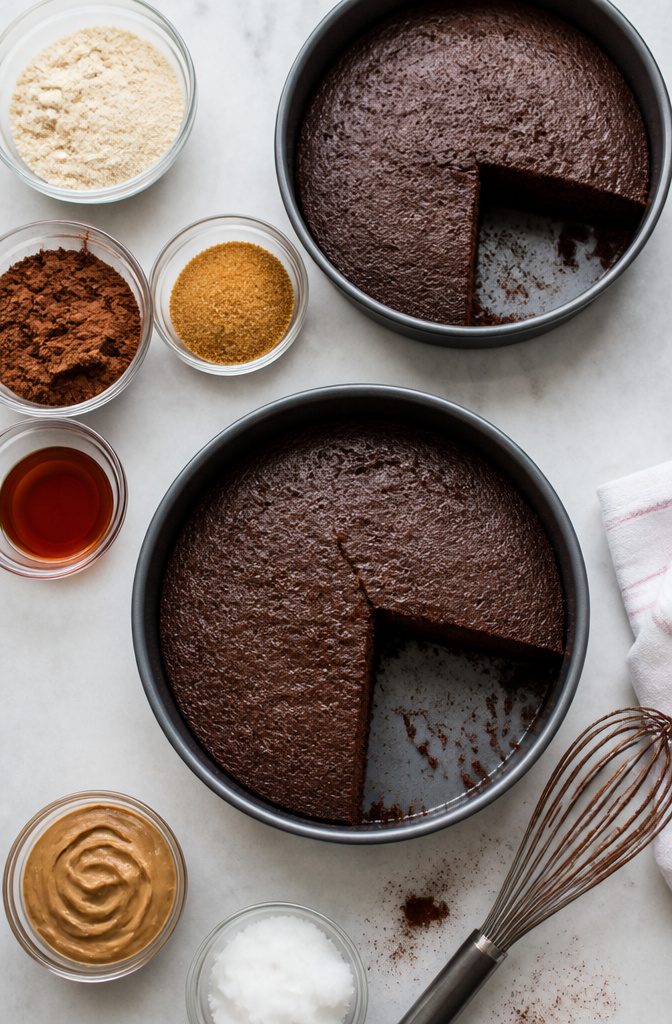 Gluten-free chocolate cake with strawberry filling made from almond flour and cacao