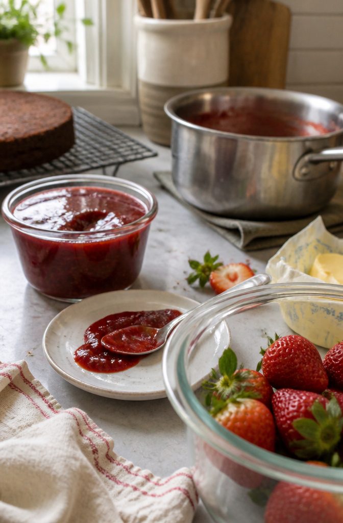 Red strawberry jam in a glass bowl with spoon track fresh berries and saucepan