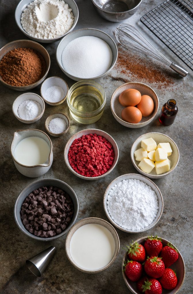 Chocolate cake ingredients arranged beside strawberries and bowls of frosting ingredients