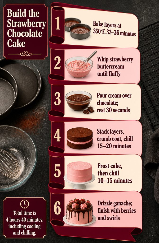 Cake assembly diagram with chocolate layers strawberry filling and frosting