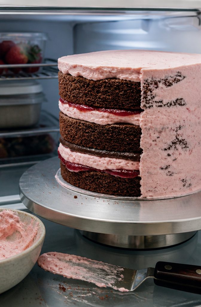 Chocolate cake stacked with strawberry filling and frosting between its layers