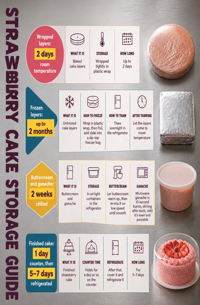 Cake storage guide with wrapped cake layers and covered containers
