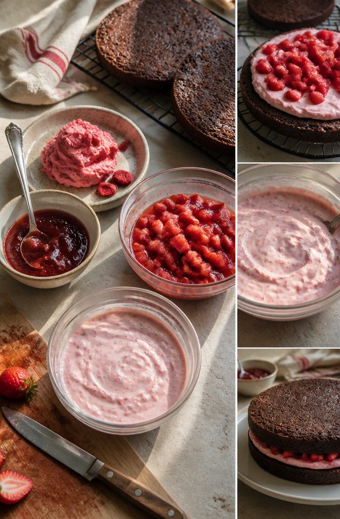 Strawberry filling ingredients including jam fresh berries and freeze-dried strawberries