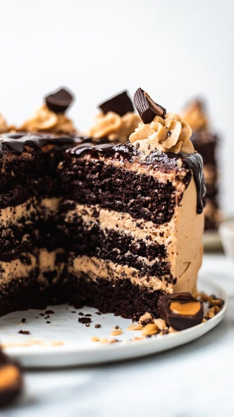 Layered chocolate cake with peanut butter frosting, chocolate glaze, and chocolate chunks.
