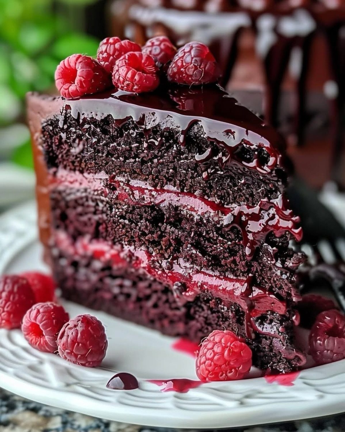 Chocolate raspberry layer cake slice with glossy glaze and fresh raspberries on white plate.