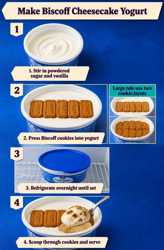 Biscoff cookies standing in a tub of yogurt