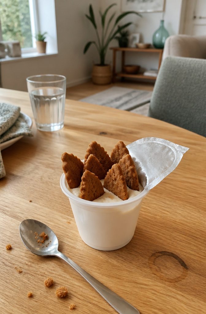 Plain yogurt cup filled with upright broken Biscoff cookie pieces