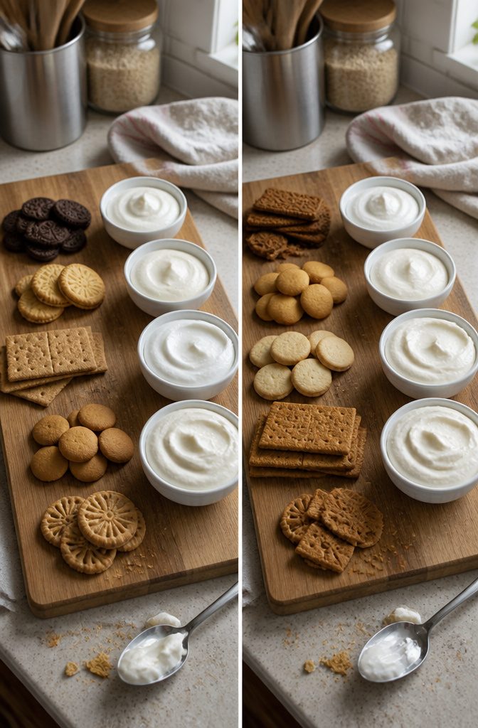 Yogurt dessert with cookies beside assorted cookie and Greek yogurt options