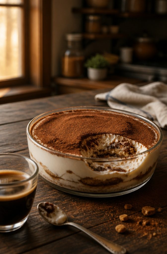 Biscoff yogurt dessert topped with cocoa powder beside a cup of coffee