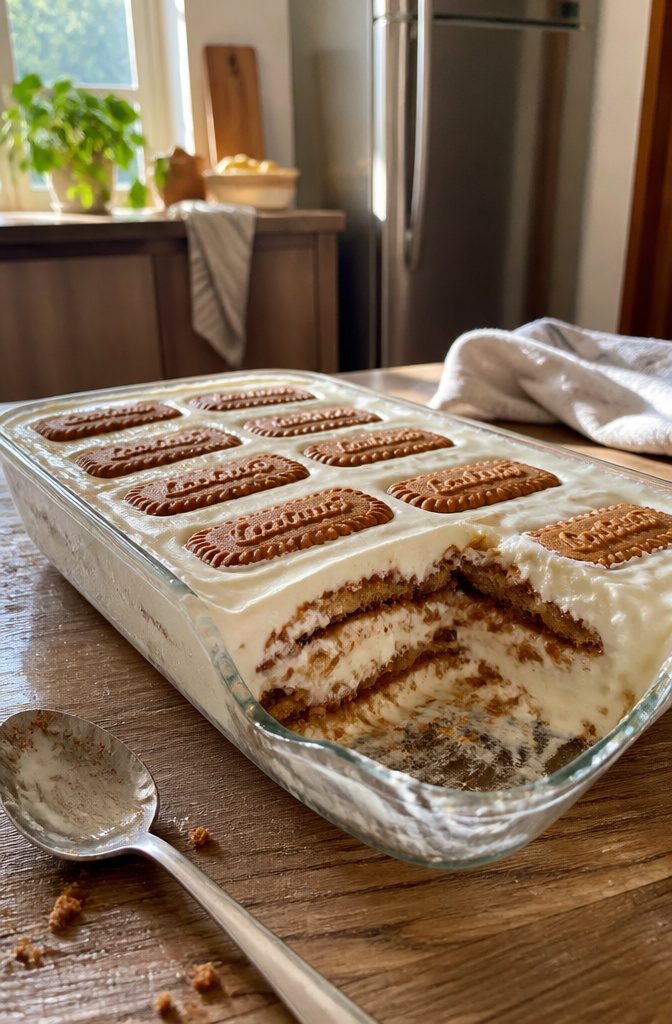 Pale Greek yogurt with softened Biscoff cookies in a clear glass dish